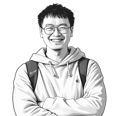 Black-and-white illustrated portrait of Jinjiang Zhao smiling with his arms crossed