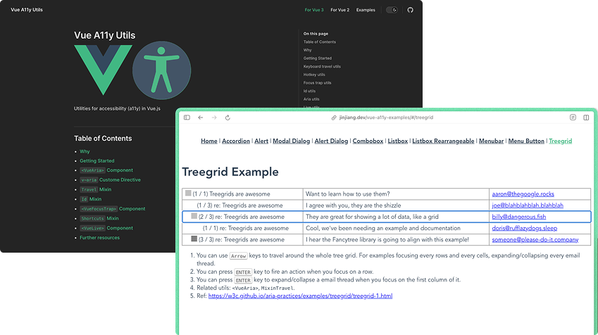 Vue A11y Utils documentation with an accessible Treegrid example open in a browser.