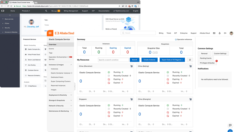 Earlier and redesigned Alibaba Cloud console interfaces shown side by side.