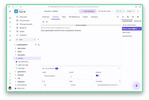 A Bit Cloud component preview with auto-generated live controls for component properties.