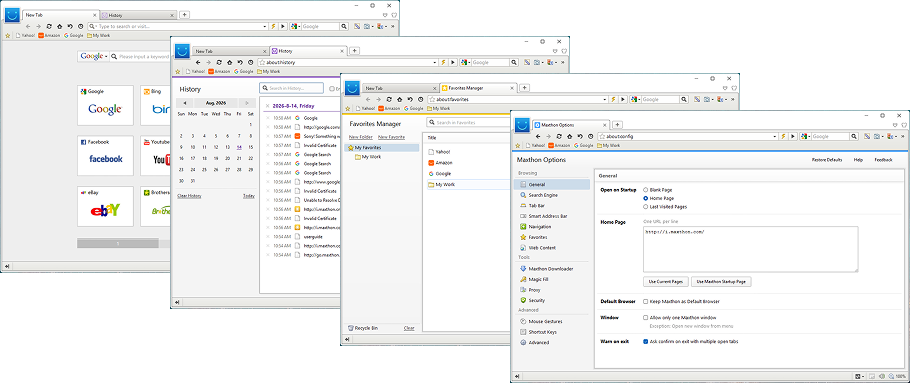 Maxthon browser interfaces for the start page, history, favorites manager, and settings.