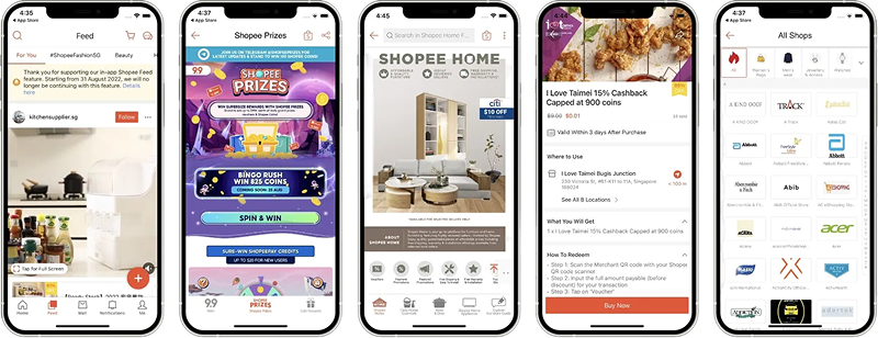 Five Shopee Marketplace screens showing the feed, promotions, home shopping, vouchers, and shop directory.