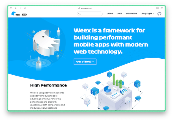 The Weex project homepage describing a framework for building mobile apps with web technology.